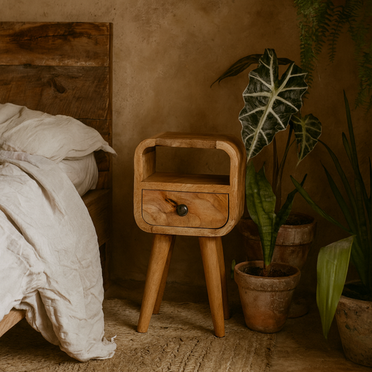 Cagliari Small Natural Mango Wood Curve Drawer and Shelf Bedside Table