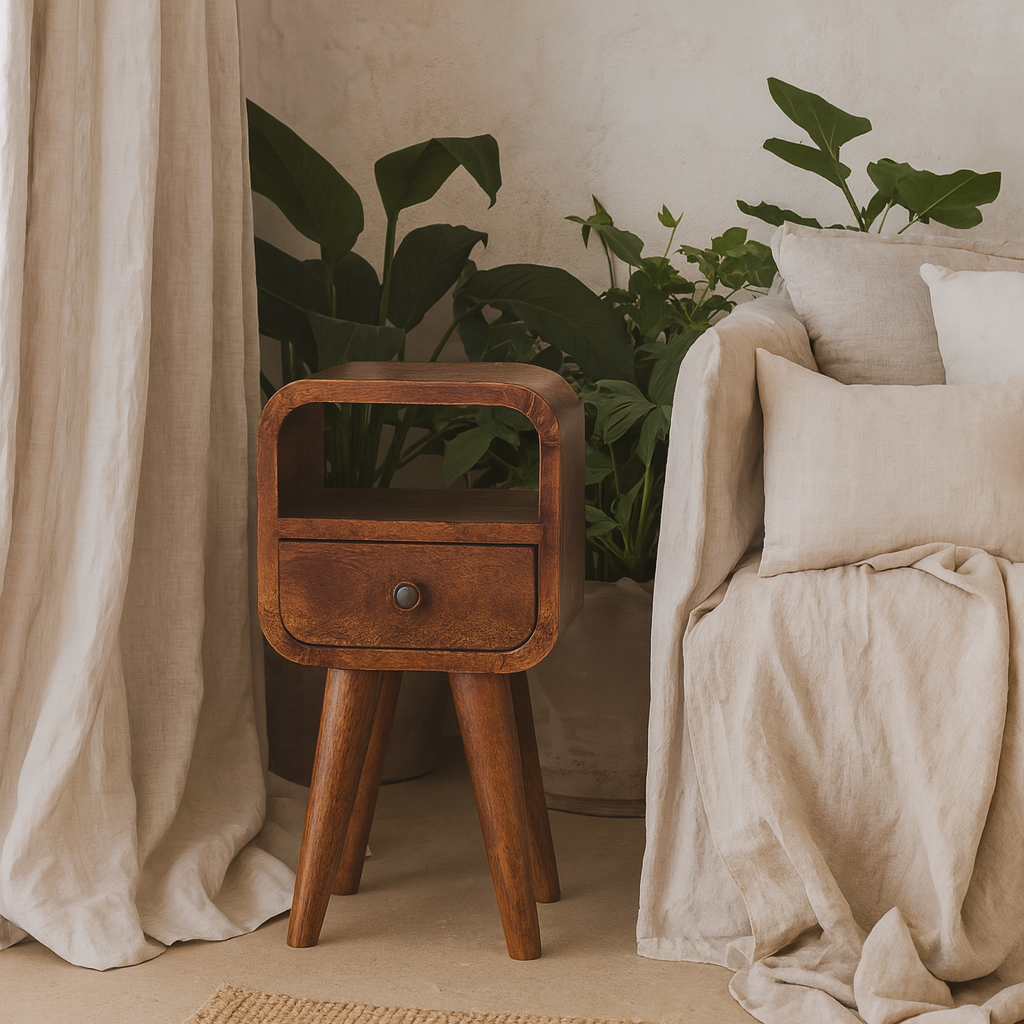 Cagliari Small Chestnut Curve Drawer and Shelf Bedside Table