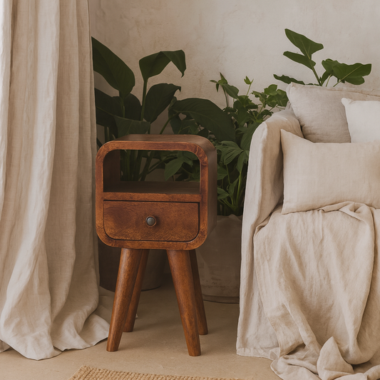 Cagliari Small Chestnut Curve Drawer and Shelf Bedside Table
