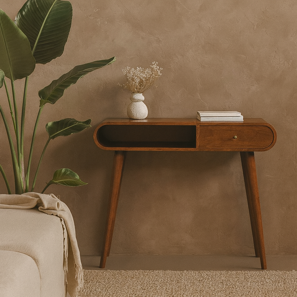 Como Chestnut Mango Wood Open Console Table with Drawer Angled Legs