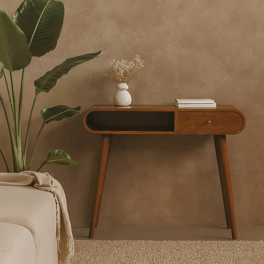 Como Chestnut Mango Wood Open Console Table with Drawer Angled Legs