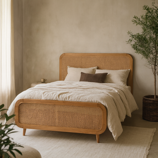Trapani King Size Bohemian Rattan and Mango Wood Bed with Headboard