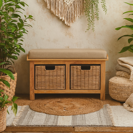 Florence Mango Wood Rattan Basket Linen Bench