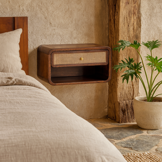 Como Chestnut Wall Mounted Open Woven Bedside Table with Drawer