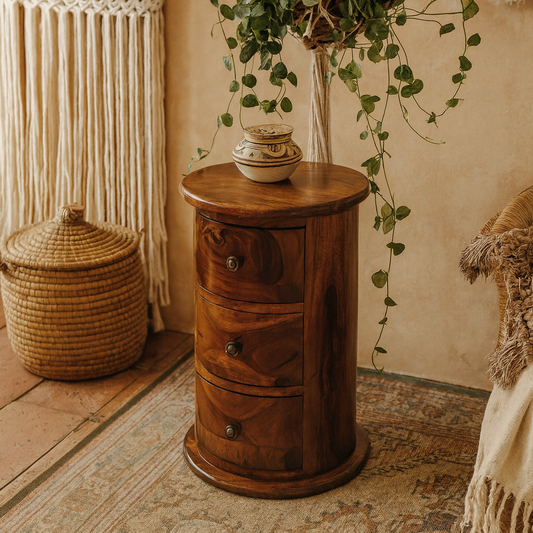 Rocamadour 3 Drawer Chestnut Sheesham Wood Drum Storage Chest
