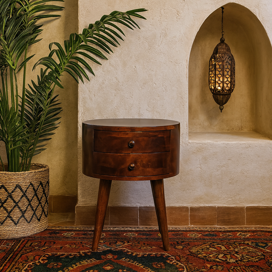 Sorrento Round Chestnut Mango Wood Bedside Table 2 Drawers