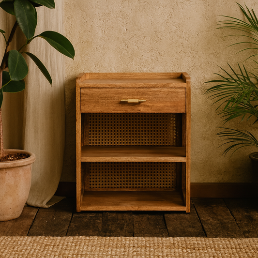 Orta Natural Mango Wood T-Bar Bedside Table with Drawer