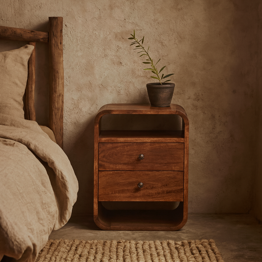 Bologna Chestnut Mango Wood Curve 2 Drawer Bedside Table