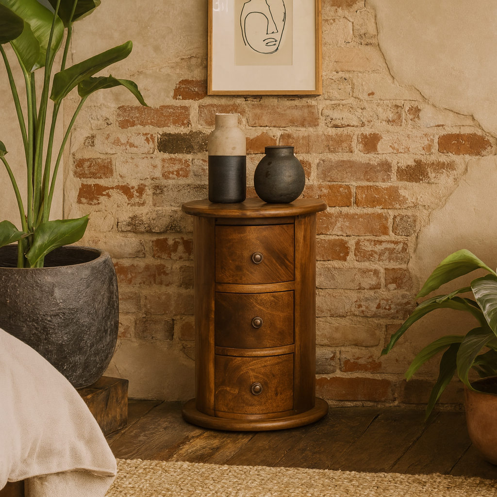 Olbia Mini Chestnut Mango Wood Drum Chest 3 Drawers