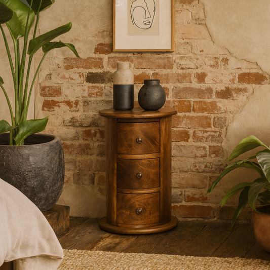 Olbia Mini Chestnut Mango Wood Drum Chest 3 Drawers