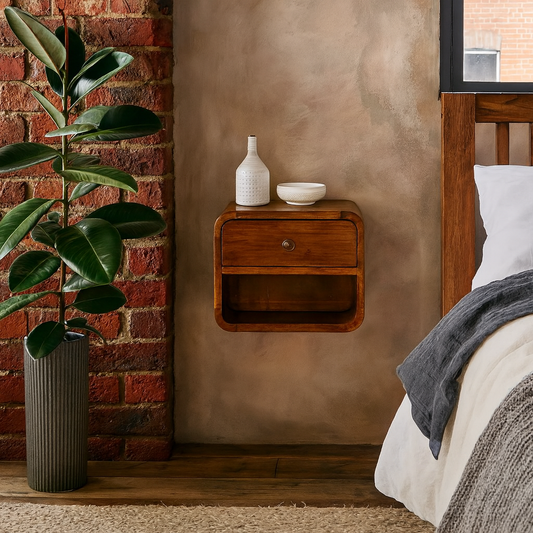 Desenzano Mini Curve Mango Wood Floating Bedside Table with Drawer and Shelf
