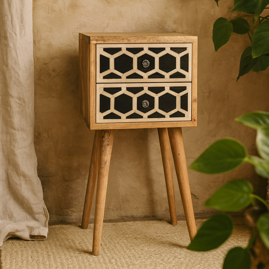 Valeggio Mini Mango Wood and Bone Inlay Bedside Table 2 Drawer