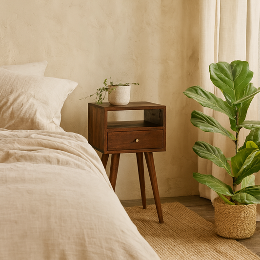 Kood Mini Cherry Mango Wood Bedside Table with Drawer and Open Shelf