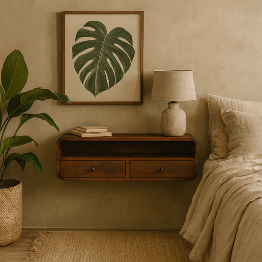 Peschiera Floating Chestnut Mango Wood Open Console 2 Drawers and Storage Shelf
