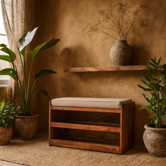 Polignano Mud Linen and Mango Wood Pull out Shoe Bench