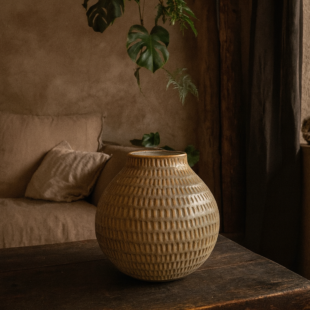 Meadowlight Small Textured Ceramic Vase with Scandi Line Pattern