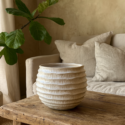 Blushwood Ridged White and Sand Ceramic Pot Vase