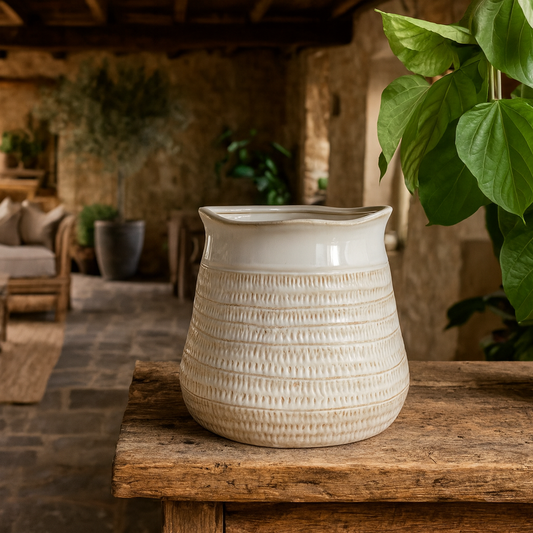 Saffron Bud Hewn Ceramic Vase with Textured Scandi Pattern