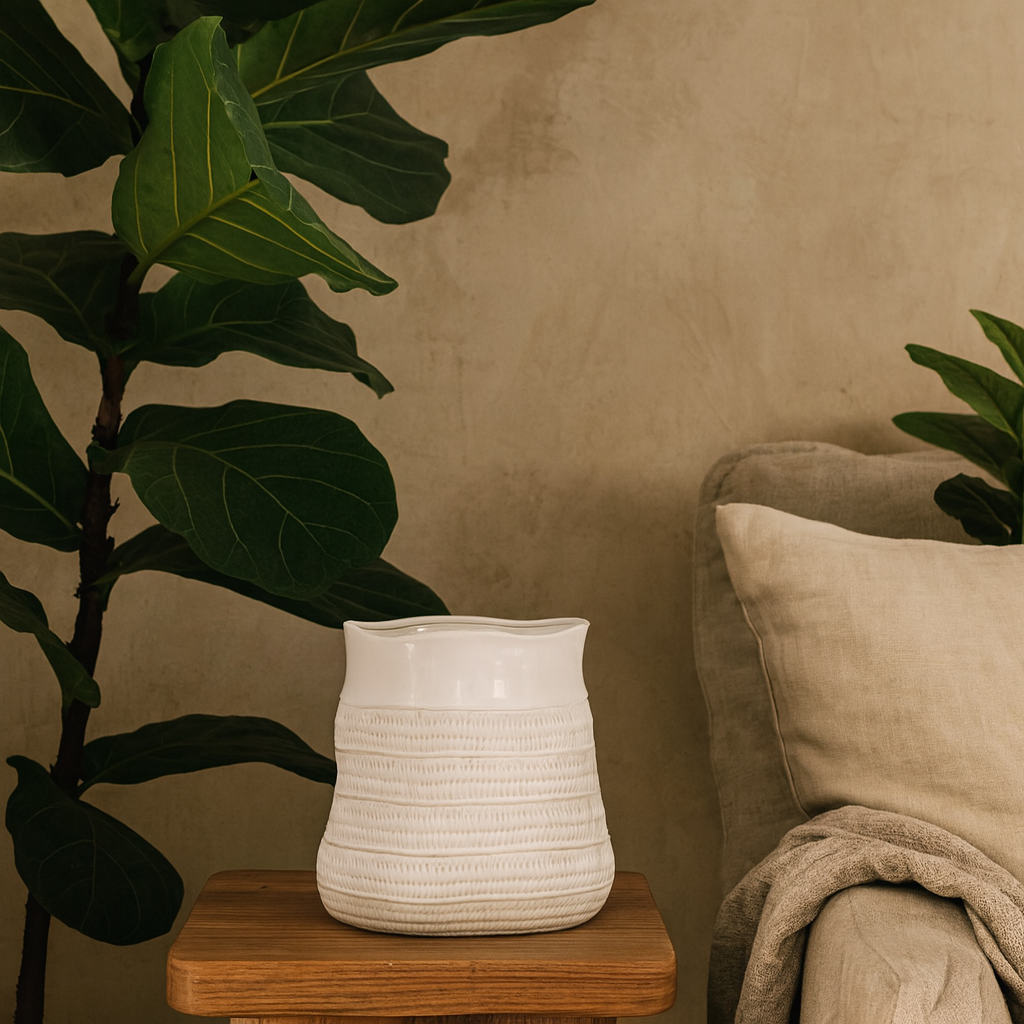 Saffron Wide Hewn Ceramic Vase with Textured Scandi Pattern