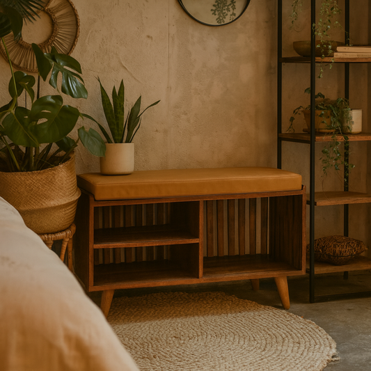 Padua Mango Wood Slatted Bench with Buffalo Leather Seat