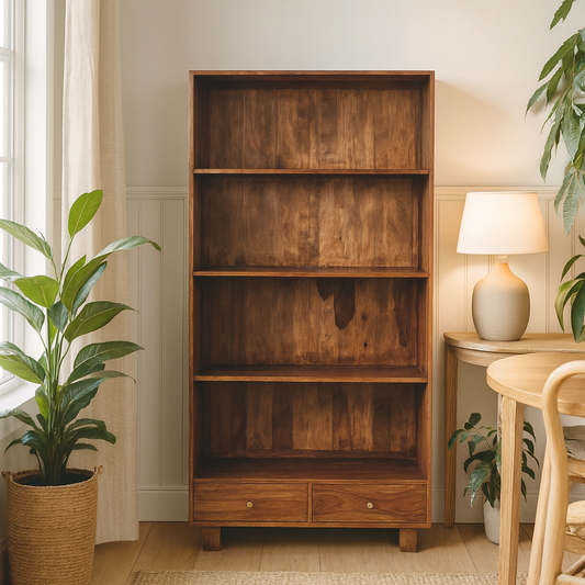Bologna Large  Sheesham Wood Bookcase 2 Drawers