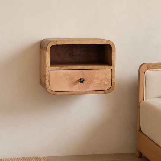 Cagliari Small Wall Mounted Curved Mango Wood Bedside Table with Shelf