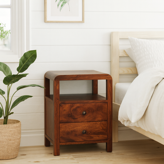 Tropea Mango Wood Bedside Table with 2 Drawers and Shelf
