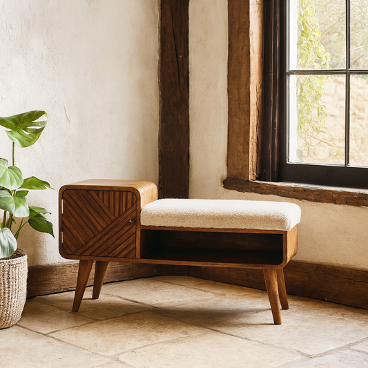Todi Boucle Carved Mango Wood Cotton and Yarn Telephone Table