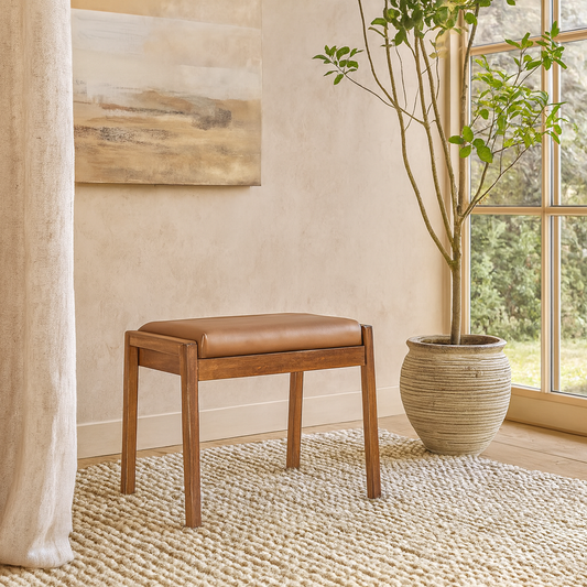 Assisi Mango Wood Buffalo Leather Hallway Footstool