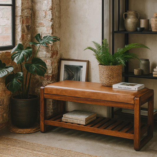 Spoleto Small Buffalo Leather and Mango Wood Slatted Hallway Bench