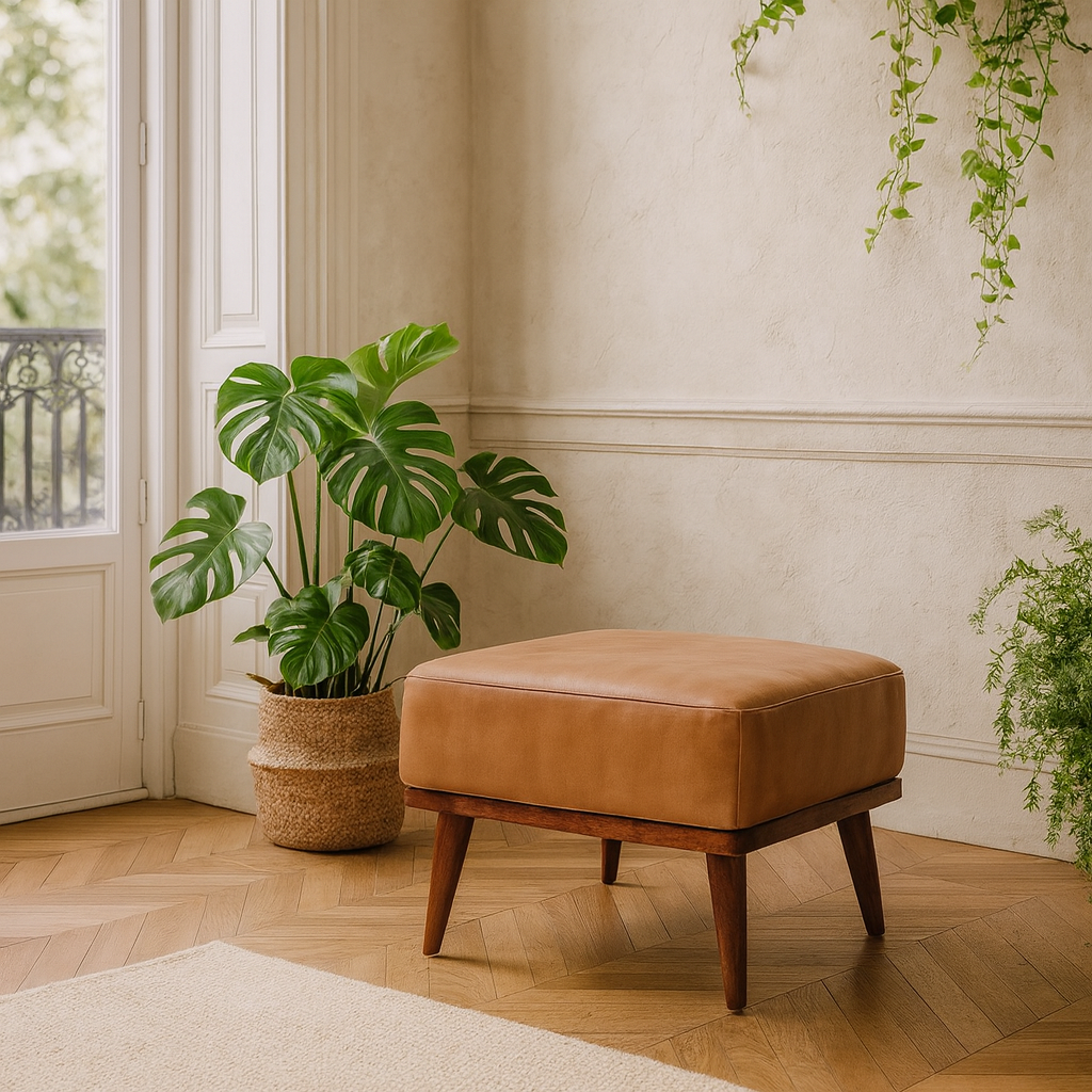 Tan Buffalo Leather Tan Footstool Mango Wood Legs