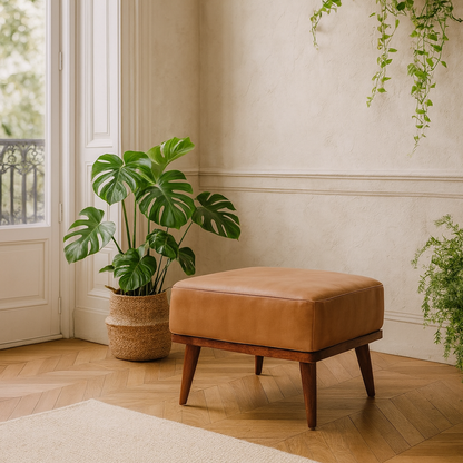 Tan Buffalo Leather Tan Footstool Mango Wood Legs