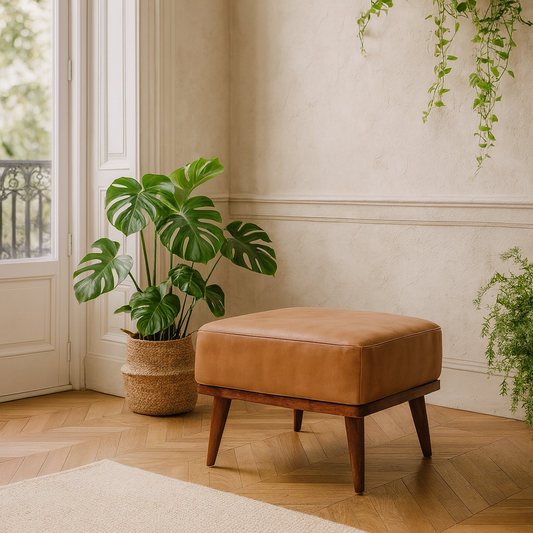 Tan Buffalo Leather Tan Footstool Mango Wood Legs