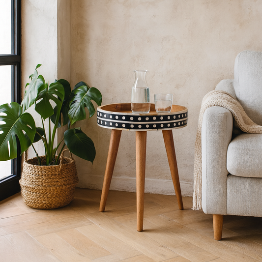India Fot Pattern Black and White Mango Wood Tripod End Table