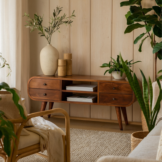 Reims Low Chestnut Mango Wood Circular TV Media Unit 4 Drawers