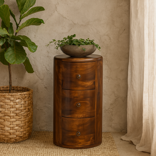 Sorrento Chestnut Mango Wood Drum Chest of 3 Drawers