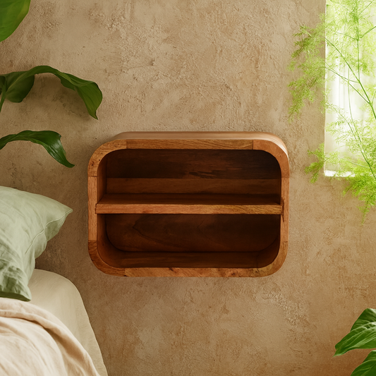Assisi Oak Mango Wood Open Shelf Floating Open Curve Bedside Table