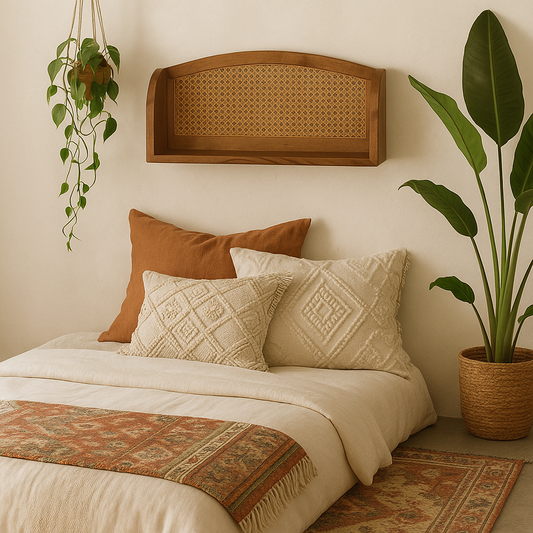 Peillon Woven Rattan and Mango Wood Open Wall Mounted Shelf