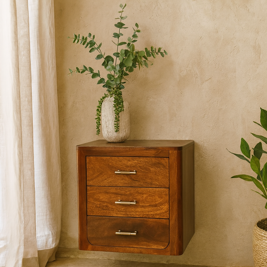 Ploumanach Mango Wood Bedside Bedside Table 3 Drawers Brass Handles