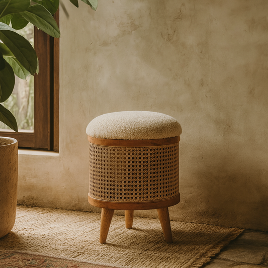 Makawao Cream Boucle and Natural Rattan Stool Footstool