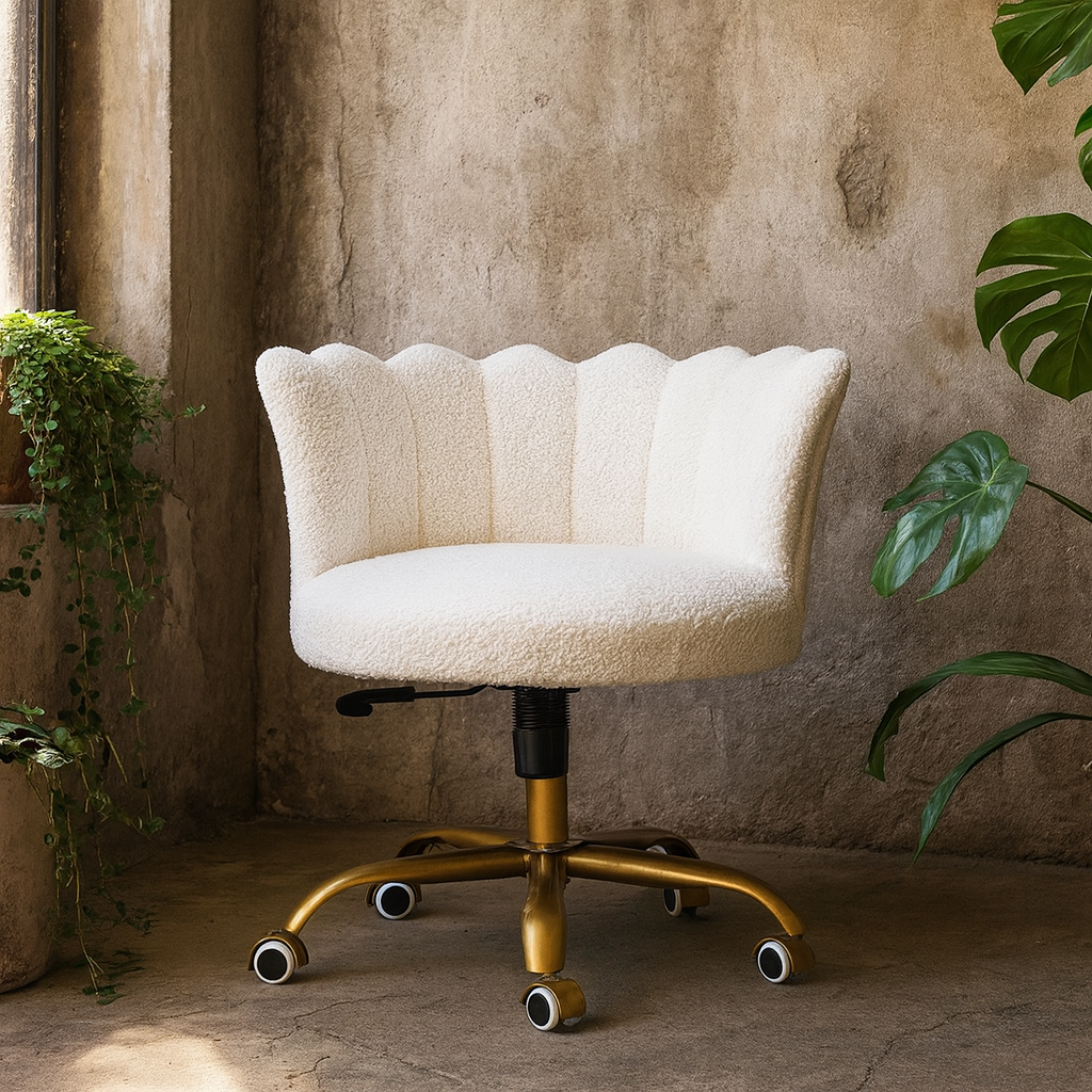 Sarlat White Boucle Scalloped Cosy Swivel Chair With Brass Base