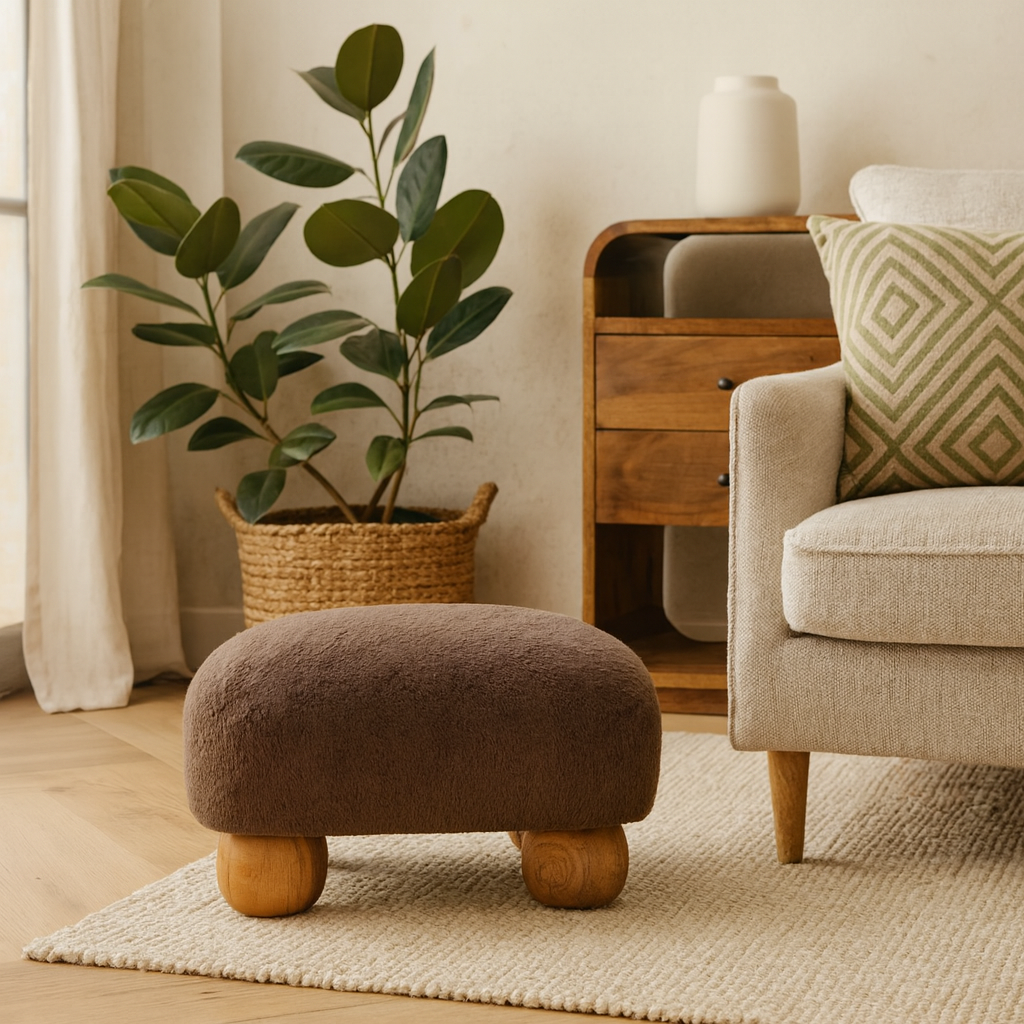 Pont Aven Grey Faux Fur Nordic Square Footstool with Mango Wood Ball Feet