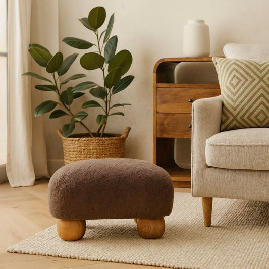 Pont Aven Grey Faux Fur Nordic Square Footstool with Mango Wood Ball Feet