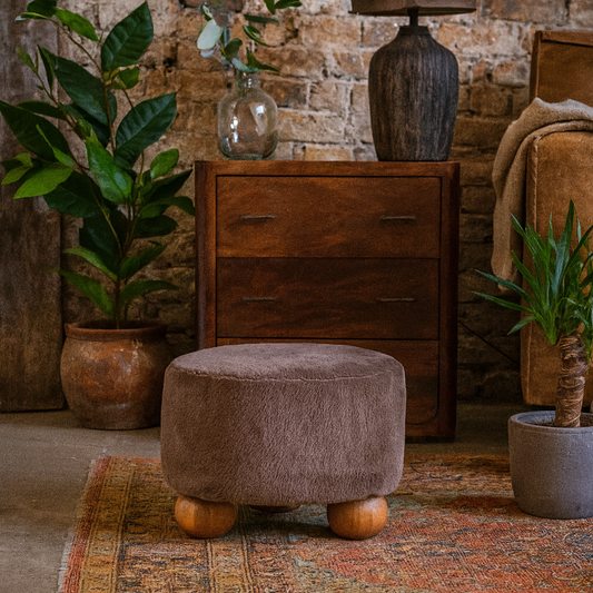 Pont Aven Grey Faux Fur Nordic Round Footstool with Mango Wood Ball Feet