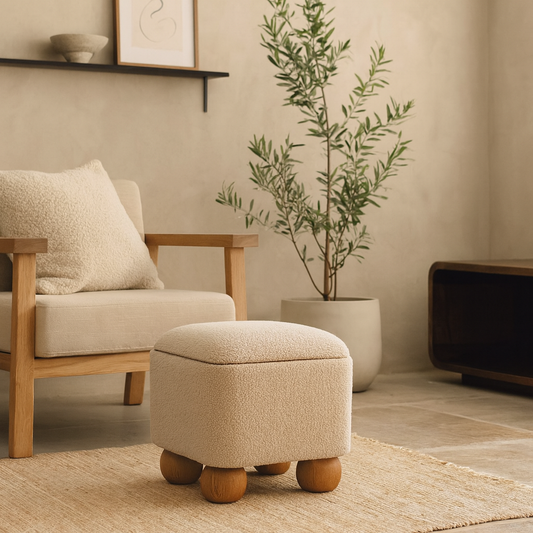 Wailea Grey Boucle and Mango Wood Footstool with Ball Feet