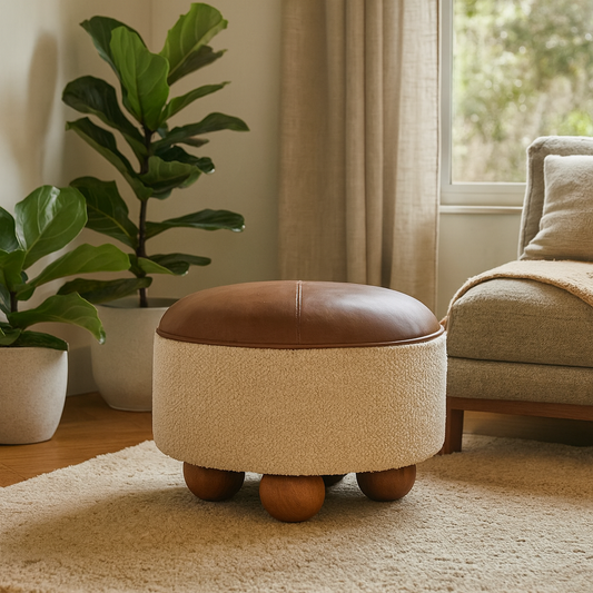 Olowalu Cream Boucle Buffalo Footstool Mango Wood Ball Feet
