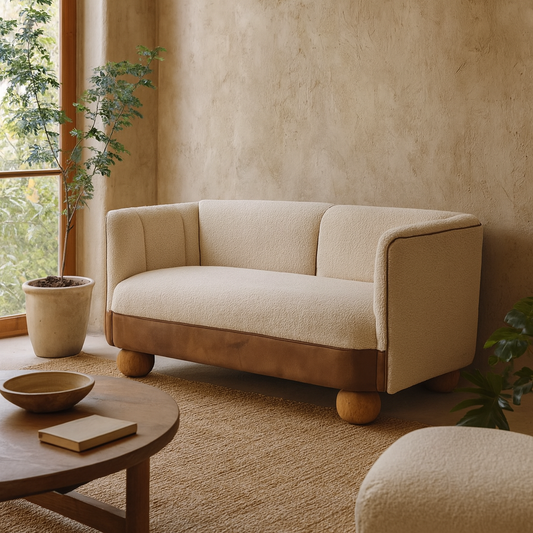 Olbia Cream Boucle and Buffalo Leather Small Sofa
