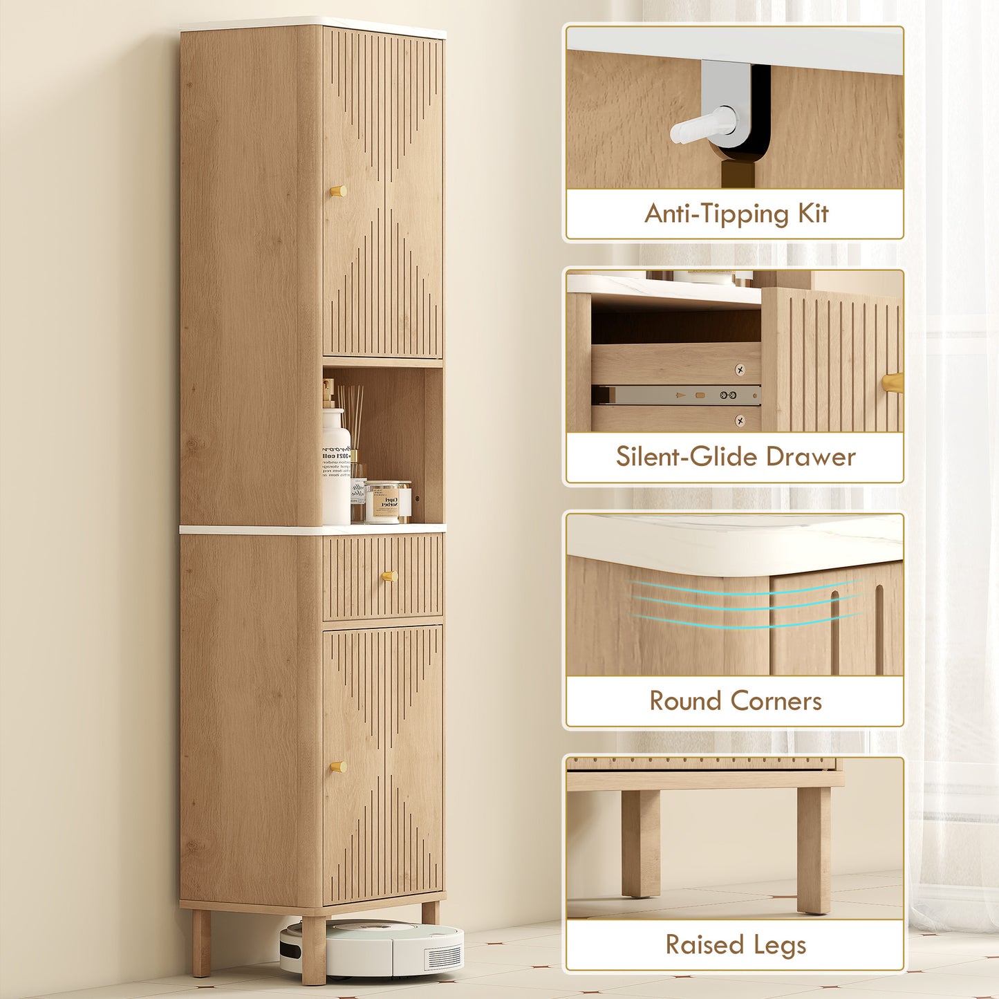 Fasu Slim Bathroom Storage Cabinet With Soft Close Drawer Rail Wood Effect Finish