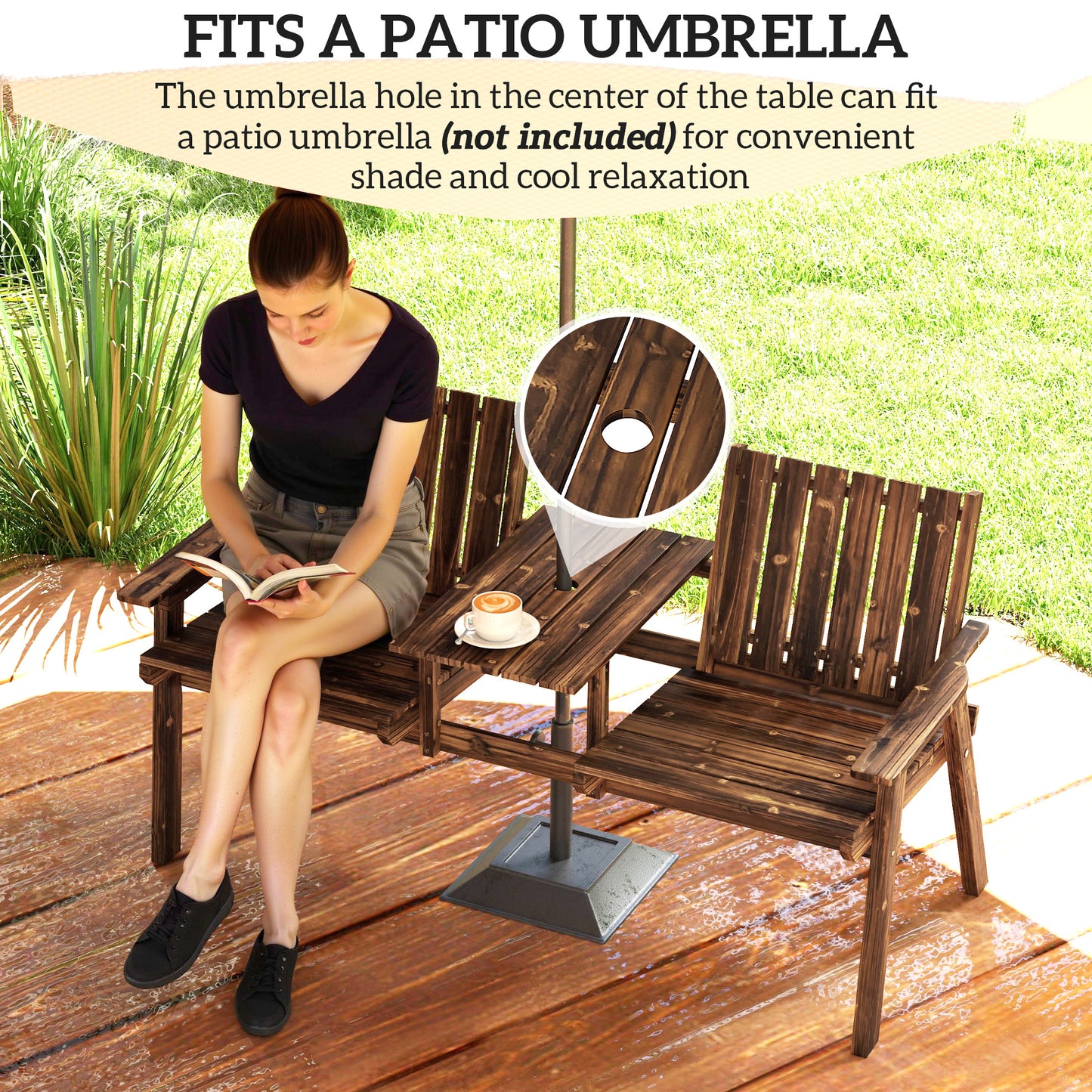 Suvale Dark Wood 2 Seater Garden Bench With Table And Parasol Hole