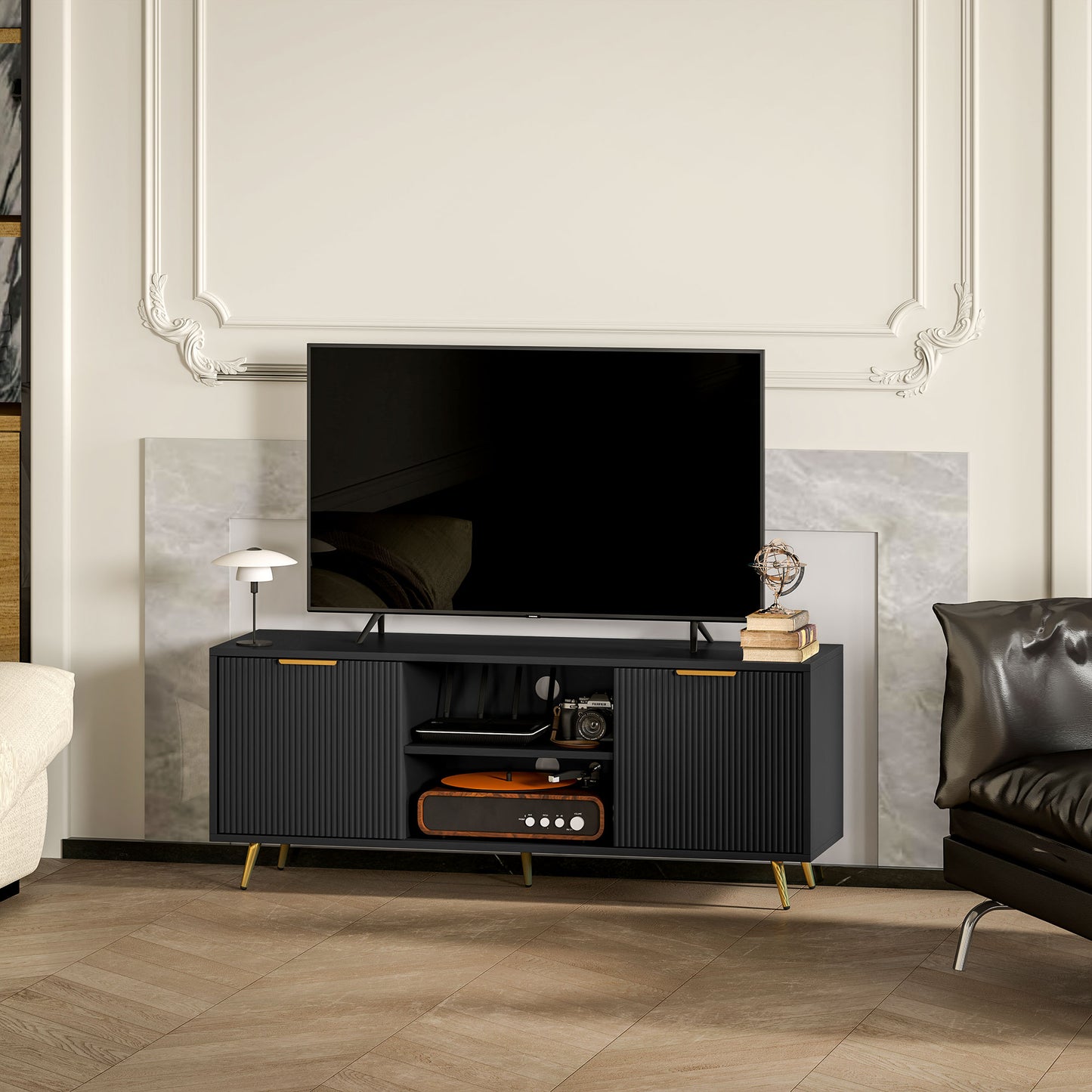 Ellini Wooden Black TV Stand With 2 Open Shelves 2 Doors For Screens Up To 55 Inches